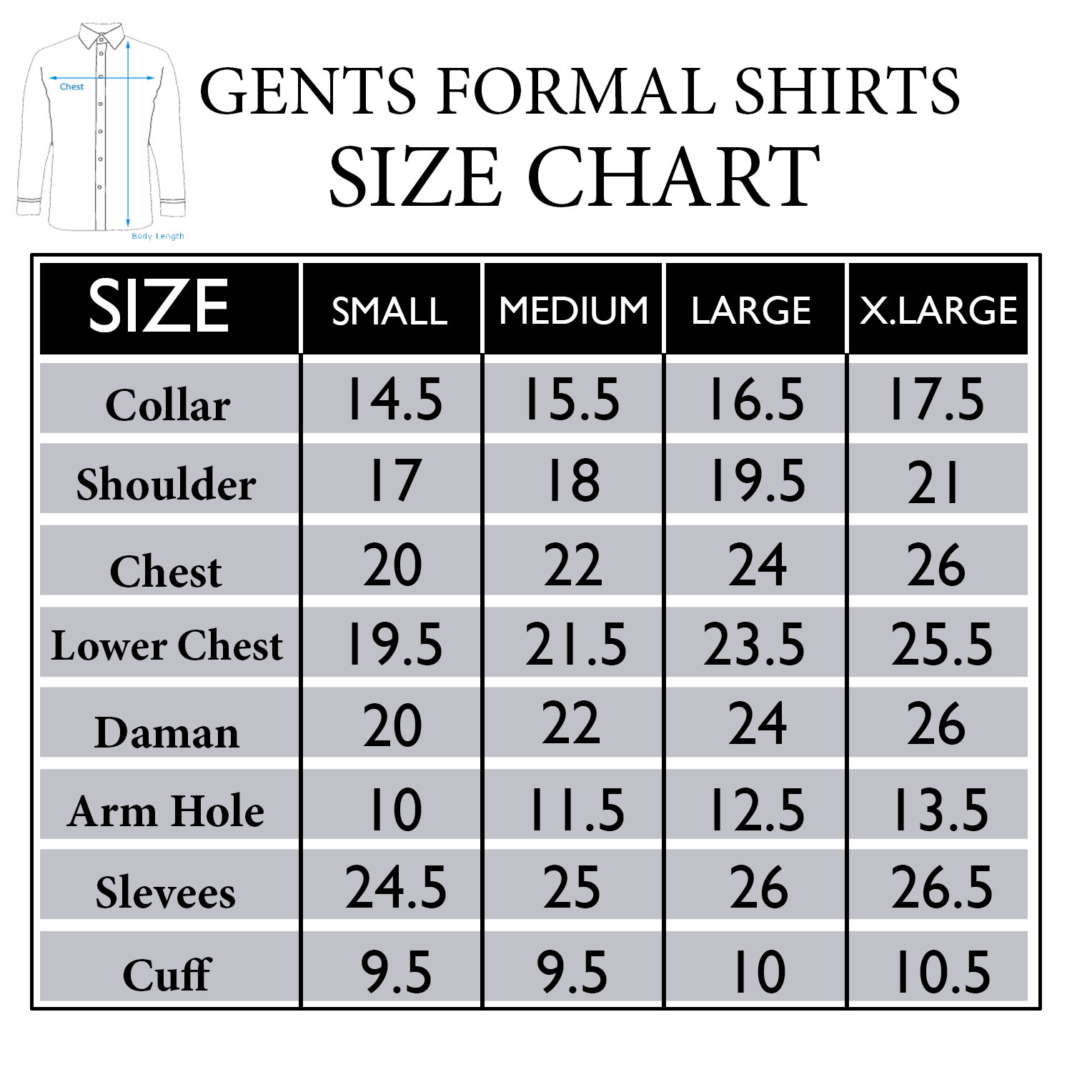 Mens Shirt Collar Size Chart - Ponasa